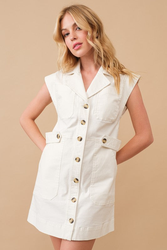 Garment Washed Collared Cargo Twill Mini Dress