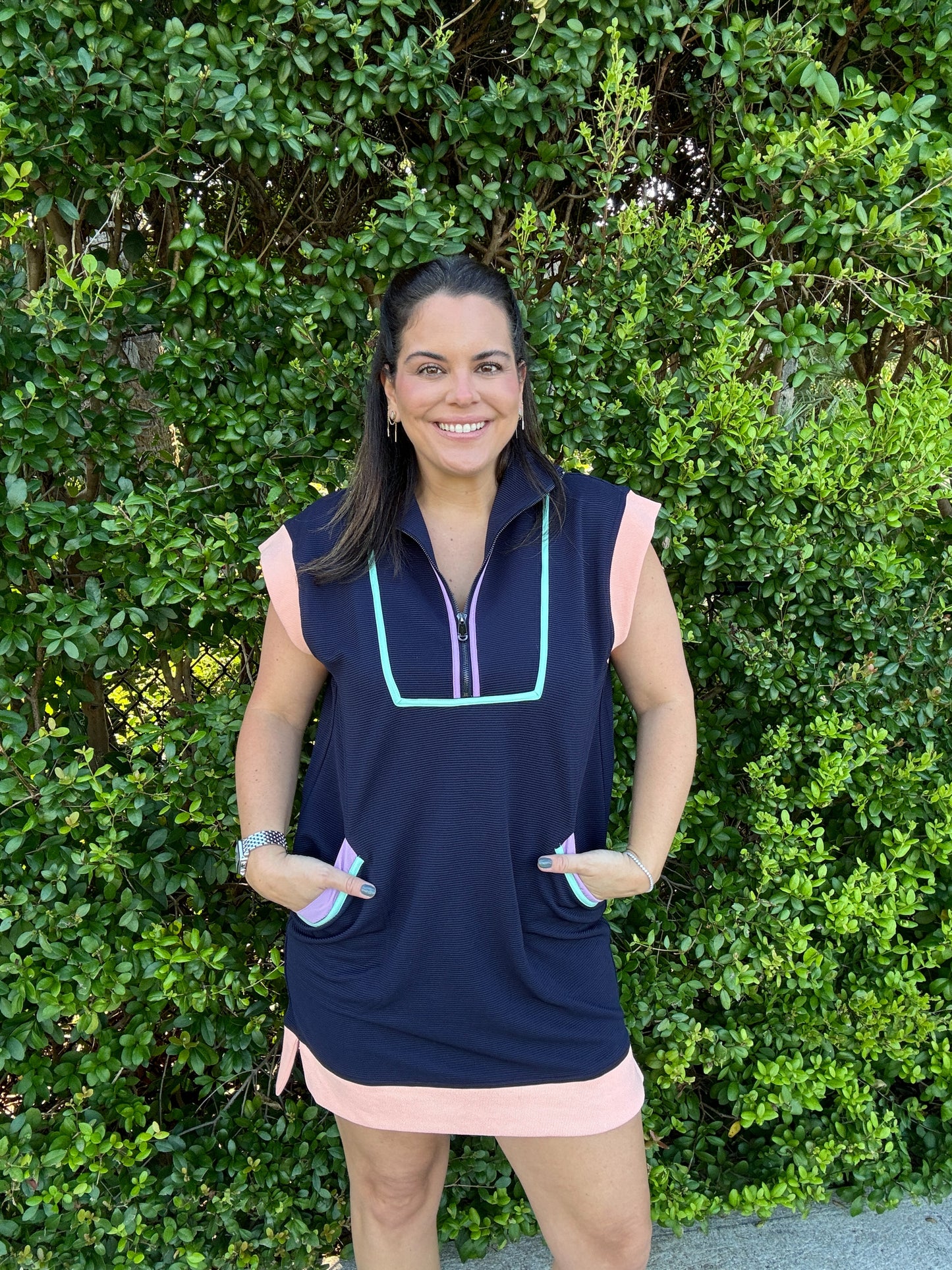 Solid zip up cap sleeve mini dress