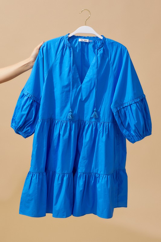 Puff Sleeve Blue Dress - Shop Lelolai