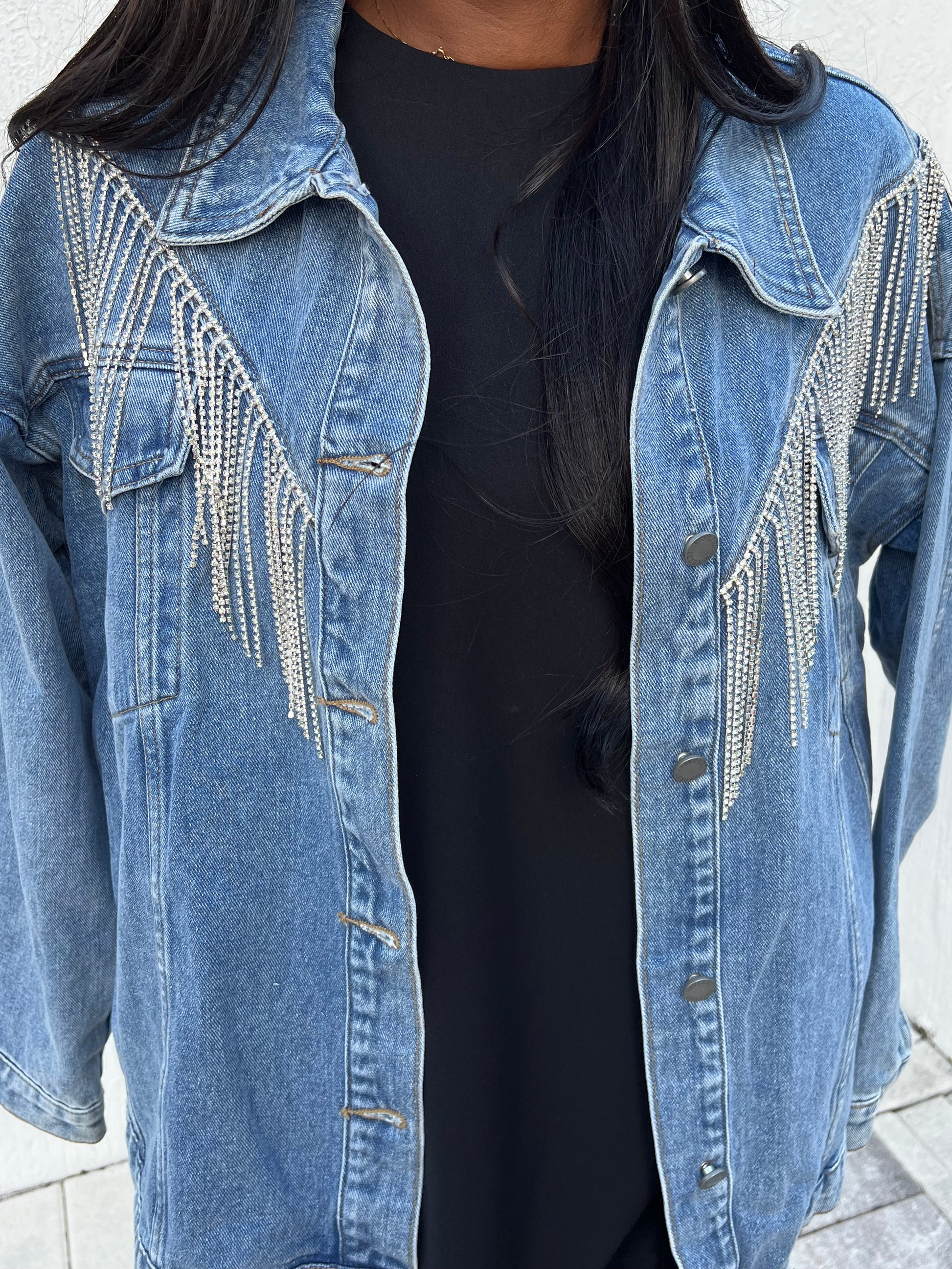 Rhinestone Fringe Denim Jacket - Shop Lelolai