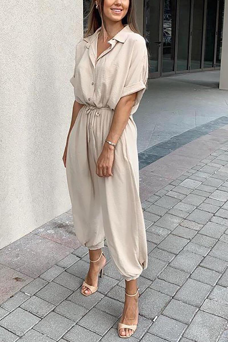 Button Pockets Drawstring Jumpsuit