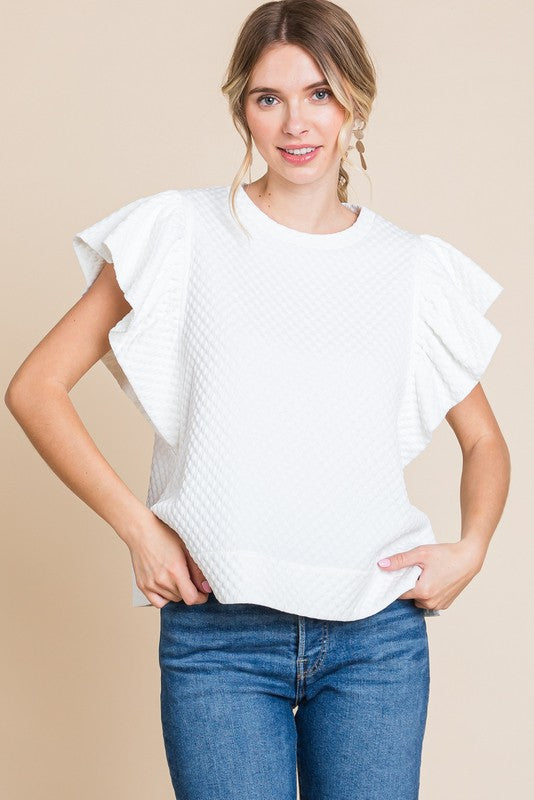 White Cotton Ruffle Sleeve Top