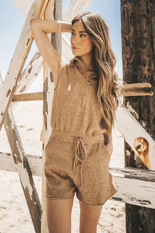 Oatmeal Half Zip Neck Sleeveless Knit Romper