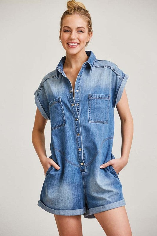 Denim Button Down Pocket Romper