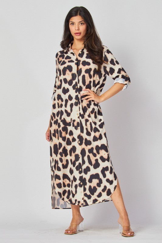 Leopard Print Button Down Midi Dress