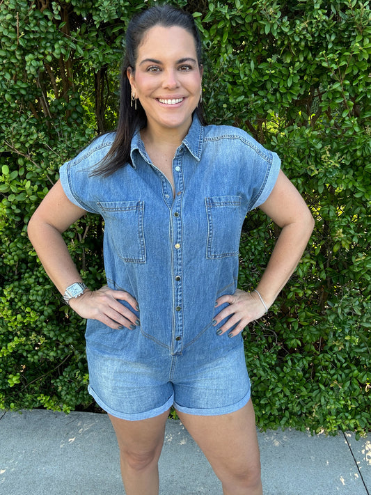 Denim Button Down Pocket Romper