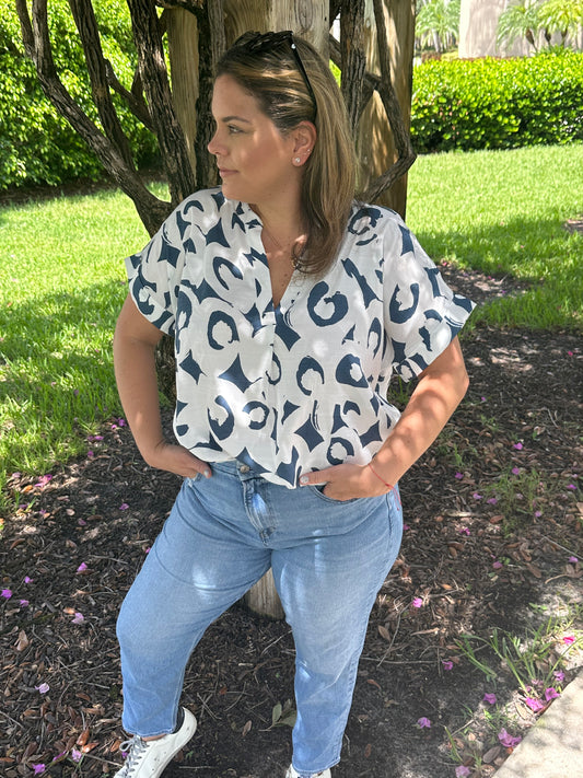 A Ladies  White and Blue Print Top Shirt