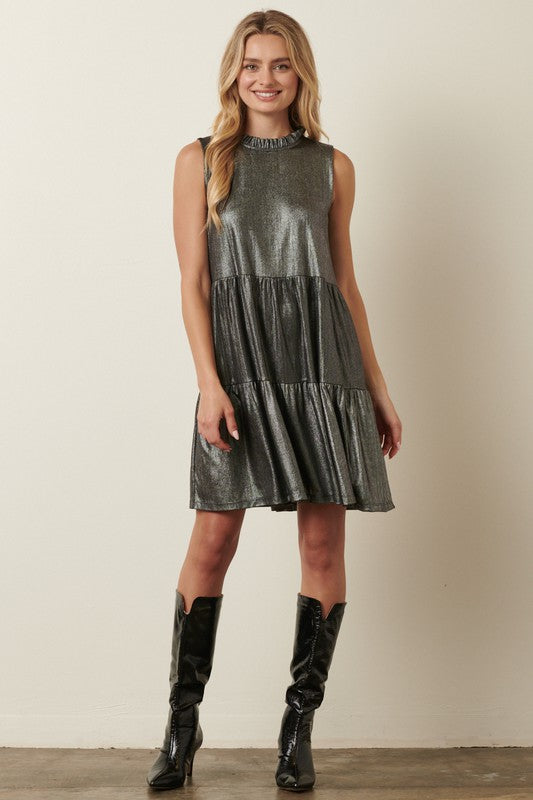 Metallic Ruffle Mock Neck Mini Dress - Shop Lelolai