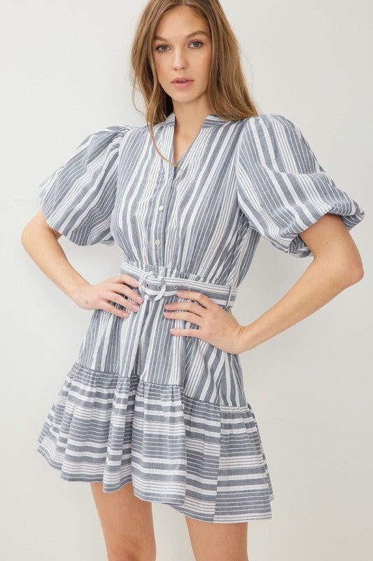 Puff Sleeved Belted Dress - Shop Lelolai