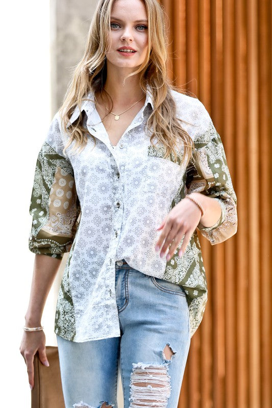 Contrast Floral Button Down Shirt - Shop Lelolai